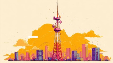 Obraz premium Mobile network tower transmitting signal flat design front view futuristic city theme animation Triadic Color Scheme.