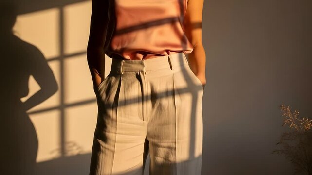 Fashionable woman posing in sunlight, silk top and linen pants. Use for fashion blogs, style guides, apparel commercials, or influencer content.  Modern style, elegance.