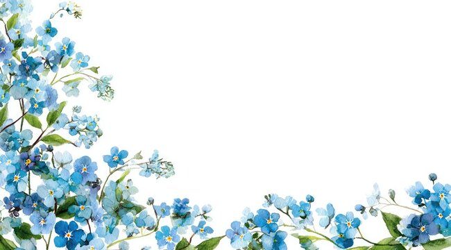 Watercolor floral border with delicate blue forget-me-nots on white