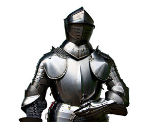 Full medieval knight suit of polished steel armor with chainmail and helmet isolated on a transparent background