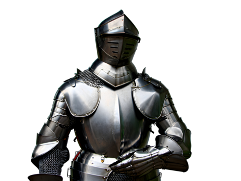 Full medieval knight suit of polished steel armor with chainmail and helmet isolated on a transparent background