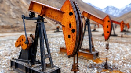 Rusty Oil Pump Jacks on Rocky Mountain Terrain
