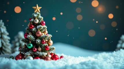 A Festive Miniature Christmas Tree Adorned with Sparkling Ornaments Nestled in a Snowy Winter Wonderland Setting