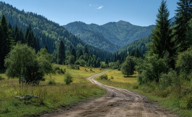 Naklejka premium Winding dirt road through lush valley, mountains