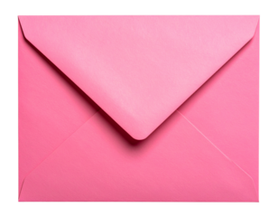 Bright pink envelope flat lay on white background, isolated transparent PNG