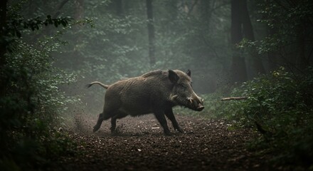 Wild boar running in foggy forest
