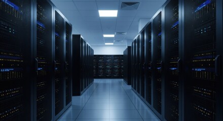 Modern server room filled with rows of interconnected computer servers and network equipment creating a data center environment