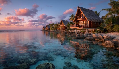 Obraz premium Tropical overwater bungalows at sunset (2)