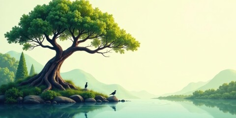 Fototapeta premium Tranquil Lakeside Serenity A Majestic Ancient Tree Stands Sentinel Over a Calm Body of Water, Two Birds Perched on Rocks, Soft Morning Light Illuminates the Scene