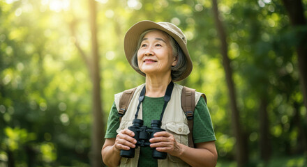 Old woman hiking in the forest
