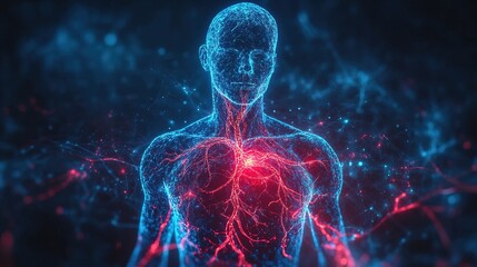 A human circulatory system visualized with glowing neon blue and red veins 