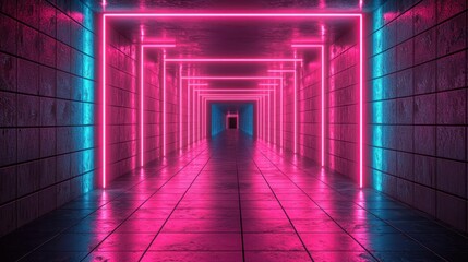 Neon corridor with pink and blue lights.  Long tunnel of  reflective tiles