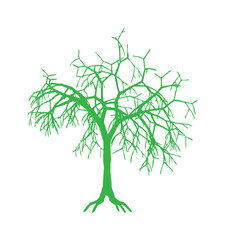 A stylized, green silhouette of a leafless tree against a white background.