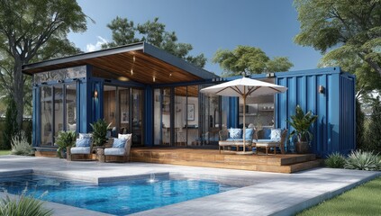 Modern, blue shipping container home with pool and deck