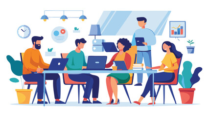 group office workers work office,  A team work in office vector illustration