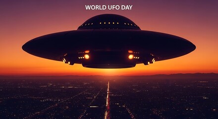 Mysterious alien spaceship hovers over a city at sunset commemorating world UFO day with advanced technology and extraterrestrial life exploration