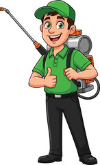 A friendly cartoon pest control exterminator man, giving a thumbs up with his sprayer, a professional mascot character for service and disinfection, vector illustration
