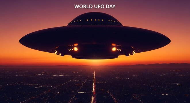 Mysterious alien spaceship hovers over a city at sunset commemorating world UFO day with advanced technology and extraterrestrial life exploration - Powered by Adobe