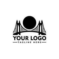 Silhouette logo design featuring a bridge connecting two city skylines, with space for a logo and tagline below.