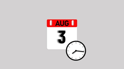August month 3 date's calendar icon illustration. Analog clock with calendar design month concept background 4k illustration.