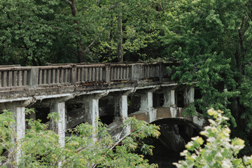 Weathered concrete bridge balustrade and arch spanning lush green forest canopy with moss-stained...