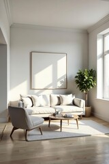 Serene Minimalist Living Room Design with Large Blank Canvas, Soft Light, and Wooden Accents