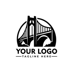 Silhouette logo design featuring a bridge connecting two city skylines, with space for a logo and tagline below.