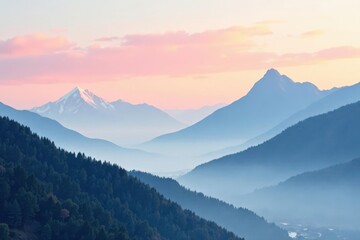 Serene Panorama of Misty Mountains at Dawn, Unveiling a Breathtaking View of Rolling Hills and Peaks Under a Soft Pink Sky