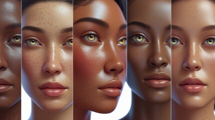 Ultra-high detail, close-up portrait grid of six faces, each representing a distinct ethnicity, with nuanced, natural skin tones and textures, showcasing subtle, warm glows and delicate freckles that 