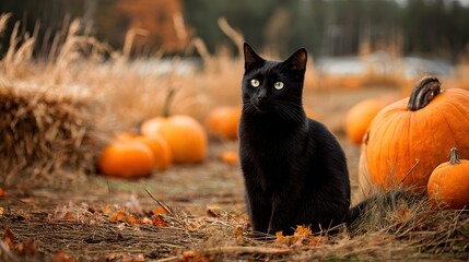 A black cat poses next to pumpkins, evoking a spooky autumn feeling, perfect for halloween.