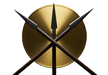 Three decorated spears cross in front of a golden shield on black background