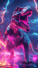 Obraz premium Vivid T-Rex in a Stormy Neon Landscape with Lightning Effects