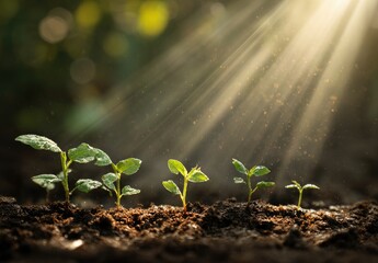 Young sprouts emerging from soil, bathed in sunlight