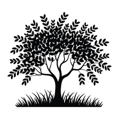 Stylized Tree Silhouette with Leaves and Grass in Black and White
