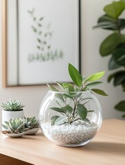 Clear glass bowl planter with small white stones and greenery on light wood surface