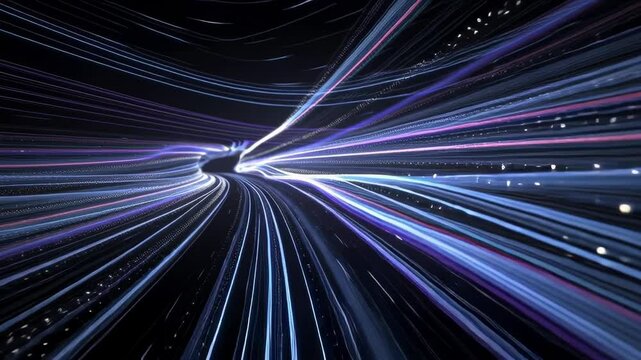 An abstract, non-physical space representing a digital network's core. Countless streams of light, like fiber optic cables, converge and diverge from a brilliant, pulsating central nexus. 