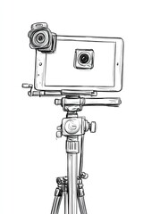 Tablet-mounted camera on tripod, hand-drawn