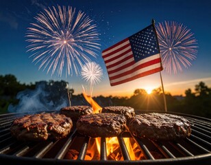 Summer barbecue celebration with burgers and fireworks on 4th of July evening