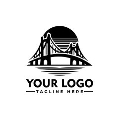 Silhouette of a bridge over water with a sun or moon in the background, presented as a logo.