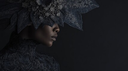 Dark Elegance: Woman with Textured Floral Headdress in Moody Lighting
