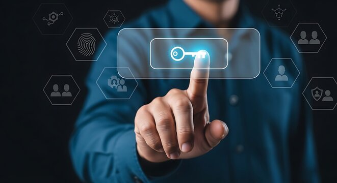 Businessman's hand activating digital key on a virtual touchscreen interface for security