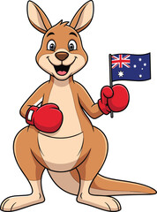 A patriotic cartoon kangaroo in red boxing gloves, proudly holding the Australian flag, a strong and friendly mascot representing Australia's fighting spirit, vector illustration