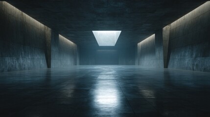 Dramatic architectural space featuring a luminous skylight in dark concrete