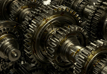 Detailed macro shot of multiple interlocking metal gears, symbolizing mechanics and engineering.
