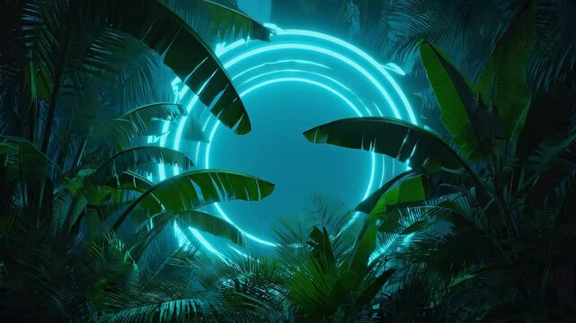 Large tropical banana leaves and palm fronds frame and neon circle abstract background