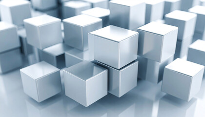 A dense array of light-grey, metallic cubes of varying heights, reflecting light, creates an abstract, three-dimensional texture against a pale-blue reflective surface