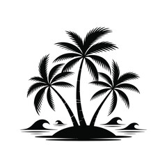 Tropical island with palm trees and ocean waves in black silhouette