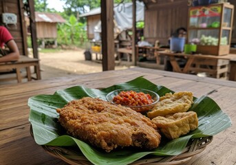 Crispy Ayam Kremes with sambal and rice, photographed in a street-side warung setting, showing real-life textures and the charm of Indonesian local food culture
