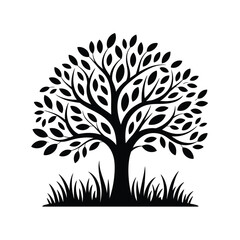 Obraz premium Stylized Tree Silhouette with Leaves and Grass on White Background