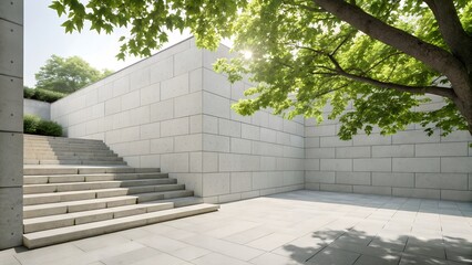 Modern architectural design with stone staircase and lush green trees casting shadows on a sunny day